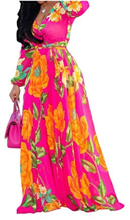 lvenzse Robe longue bohème en mousseline de soie avec col en V et imprimé floral pour femme, A-manches longues-rose, Taille 5XL