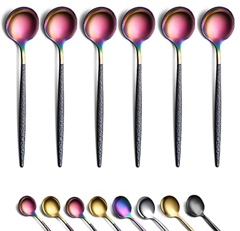 Berglander Cuchara de café de colores arcoíris 6 piezas, Superficie Lunar Mango negro y cabeza de arcoíris brillante de acero inoxidable cucharaditas,aptas para lavavajillas.
