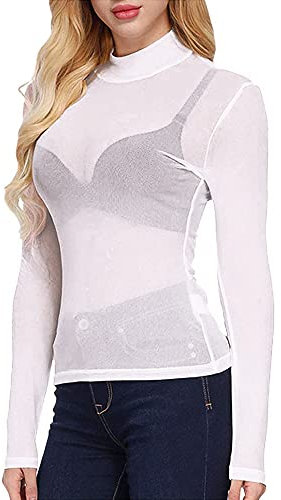Acrawnni Women's Sexy See Through Slim Fit Shirts Mesh Tops Long Sleeve Turtleneck Neck Sheer Blouse (A-White, Medium)