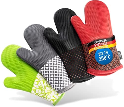 LauterSchutz® Pair of oven gloves - with full-silicone coating for best grip and heat resistance (Contact heat: 250°C) (Black, full silicone)