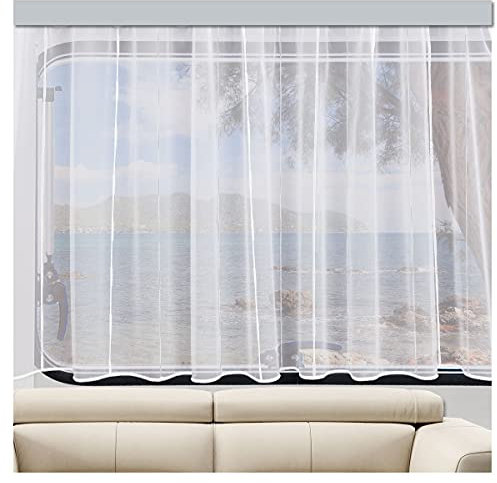 Caravan-Wohnmobil-Store AURI weiß mit weiß-silbernen Streifen | Höhe nach Maß (Wunschhöhe angeben)| Abschluss Unten Zinkband oder Stabsaum