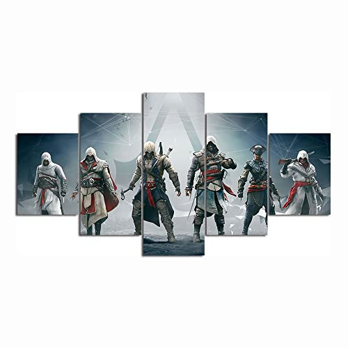 Wondbeau Leinwanddrucke Modulare Wandkunst Wandaufkleber 5 Teiliges Wandbild Druck auf Leinwand Malerei Moderne Abstrakte Poster Mit Rahmen M/100cm×50cm, Überzeugung eines Attentäters, Altaïr, Ezio