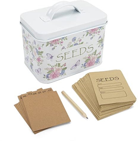 Katai Saatgut-Aufbewahrungsbox – Robuste Metall-Samen-Organizer mit Deckel, monatliche Trennwände, 20 Umschläge & Bleistift, für Gärtner, Outdoor, 16 x 11 x 12 cm, Floral