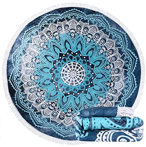 Großes rundes Mandala-Strandtuch, Mikrofaser, schnell trocknend, sandfrei, dick, Boho-Stil, Überwurf, Stranddecke, Quasten, Hippie, Kreis, Meditationsteppich, Yoga-Handtuch, Mandala-Blau, 150 cm