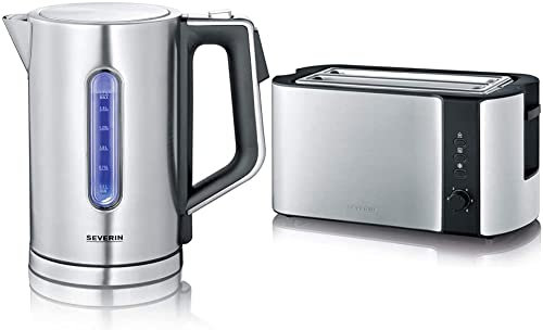 SEVERIN WK 3418 Digitaler Wasserkocher mit Fast-Boil-Power und individueller Temperaturauswahl, 1,7 l XXL-Füllvolumen, 3000 W & Automatik-Toaster, 2 Langschlitzkammern, 1.400 W, Edelstahl/Schwarz