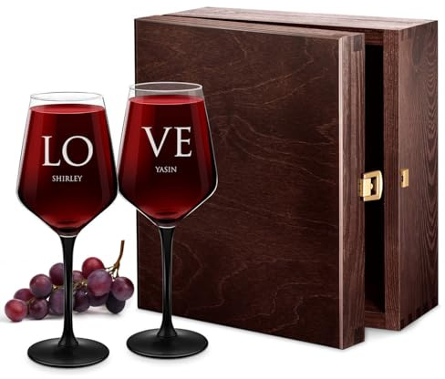 Maverton Rubin 2er Weingläser Set mit Gravur 290 ml, Rotweingläser | Mit schwarzem Stiel, Ø 8 cm, H: 20,5 cm, 2 Wine Glasses für Paare, personalisierte Geschenke, Hochzeit, Hochzeitsjubiläum