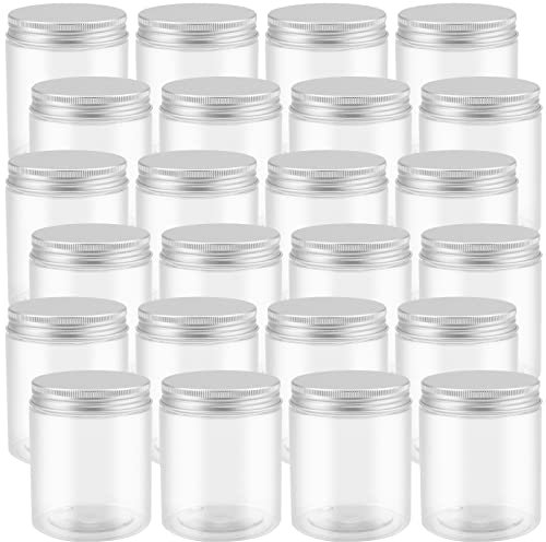 PINGEUI Confezione da 24 barattoli di plastica rotondi trasparenti da 250 ml con coperchi in alluminio, contenitori in plastica a bocca larga, senza BPA, spezie, caramelle, artigianato