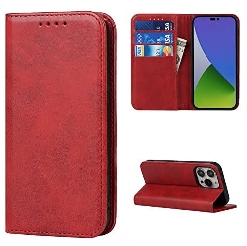 Cavor iPhone 14 Pro Max Case,Flip Leather Wallet Case,[3 Card Holders][Stand Holder][Magnetic closure],Leather Cover Phone Case for iPhone 14 Pro Max - Red