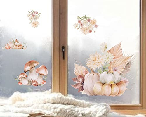 wolga-kreativ Fenstersticker Fensterbilder Glasdekorfolie Motiv Fensterfolie Fenstertattoo Herbst Blumen große Kürbis Pilz Aufkleber Sticker Fenster Küche Wohnzimmer wiederverwendbar