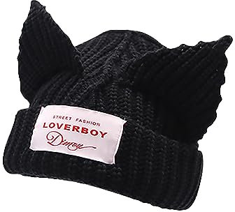 VPTMRP Niedliche Katzenohren-Mütze Cat Ear Beanie Strickmütze Warme Slouchy Häkelmütze (Schwarz)
