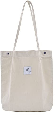 Damen Große Handtasche Kord Shopper Cord Tote Bag für Bücher Reisen Alltag Schule Arbeit Einkaufstasche für Mädchen 40x41cm beige
