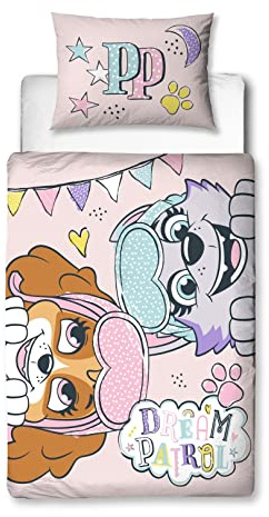 PAW PATROL Official Toddler Cot Bed Duvet Cover | Dream Design Reversible 2 Sided Bedding Including Matching Pillow Case | Character World Brands | Polycotton, Pink