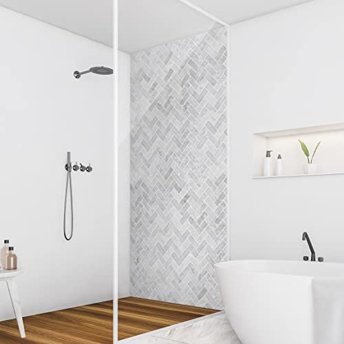 Bilderwelten Duschrückwand Folie 210x90 cm Marmor Fischgräten Fliesen - Grau Bad-Rückwand Motiv fugenlose Wandverkleidung Dusche