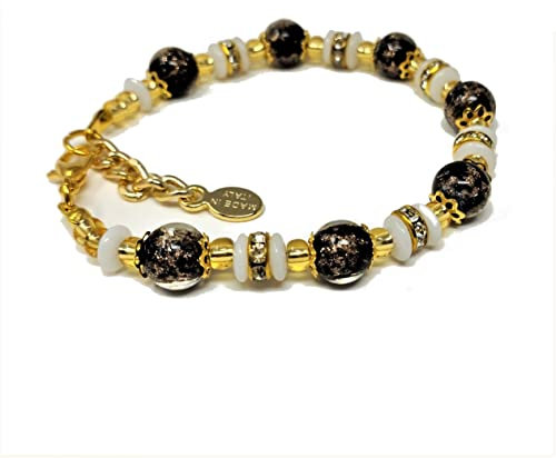 SOSPIRI VENEZIA Pulsera para Mujer con 7 Cuentas de Vidrio de Murano, Diámetro de 0,3 pulgadas, Joyería Original de Vidrio de Murano, Idea de Regalo, Certificada Hecha en Italia (Negro Slavica Blanco)