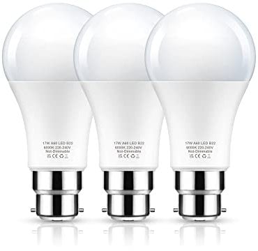 Flaspar 17W B22 Bayonet Light Bulb, 150W Equivalent LED Light Bulbs Bayonet, Daylight 6000K, 1600LM, A60 Energy Saving Bulbs, Not-Dimmable, 3Pack