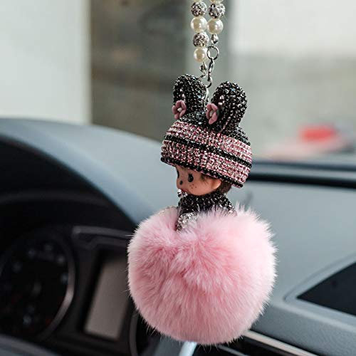 Rückspiegel Ornament, Bling Strass Anhänger, Süße Puppe Plüsch Ball, Niedlich Auto Spiegel Anhänger, Innen Dekoration, Geschenke für Frauen & Männer - Rosa