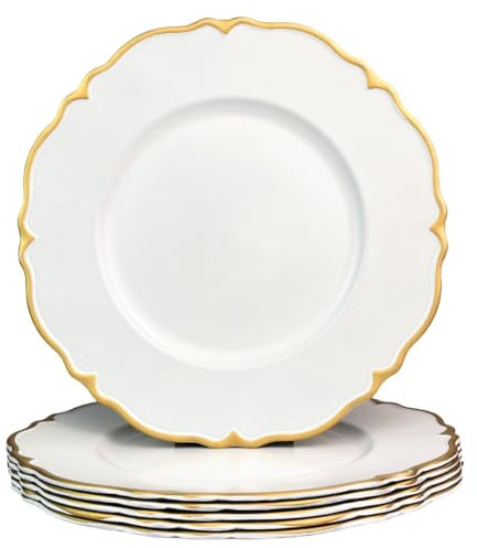 UOEKCS White Scalloped Charger Plates with Gold Rim, 13 Plastic Decoration Charger for Dinner Plates, Wedding, Tabletop Decor(Set of 6)