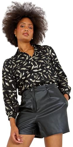 Roman Shirt for Women Ladies Cotton Blouse Button Through Tunic Printed Top Work Long Sleeve Smart Casual Going Out Work Office V Neck Everyday Evening Event - Black Foil - Size 12