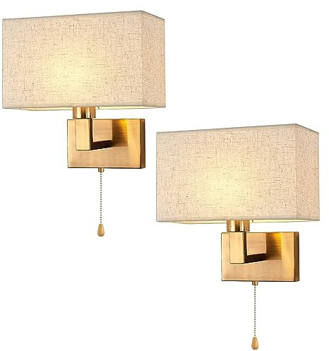JHYPVII 2 Stücke Wandleuchte Innen Gold mit Schalter Wandlampe Schlafzimmer Vintage Wandlampen mit Zugschalter, E27 Nachttischlampe Wand mit Stoffschirm für Flur Bett Wohnzimmer