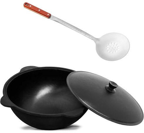 Wok Gusseisen 10 L (runder Boden) Kazan mit Schaumkelle NAMANGAN Uzbek Kasan Uzbekisch Asia WOK Cast Iron KESSEL Camping Usbek Schwenktopf Topf mit Aluminium Deckel Grillwok Gusstopf Wokpfanne