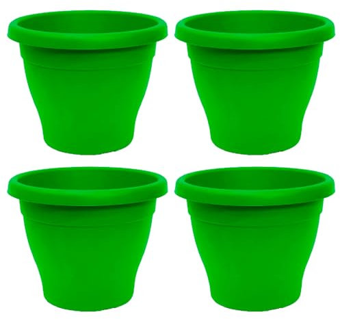 Acan Tradineur Lot de 4 pots de fleurs ronds en plastique pour plantes et fleurs méditerranéennes avec trous inférieurs, récipient extérieur et intérieur de la maison Vert 25 cm