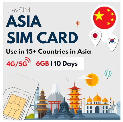 travSIM Asien SIM-Karte | 6GB Mobile Daten | Kostenloses Roaming in China, Japan, Südkorea und 15+ Ländern in Asien | Der Plan auf Dieser Asien SIM-Karte ist 10 Tage lang gültig.
