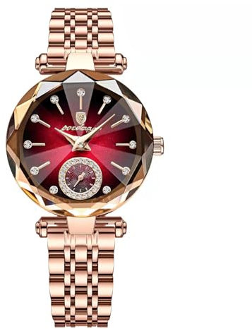 BIEWO Damen-Armbanduhr, Diamant-Zifferblatt, elegantes Lederband, Quarz, modische Damen-Armbanduhr, analoges Display, zartes Geschenk, wasserdicht, für Jahrestag, Geburtstag, Hochzeit, Rot 2, Armband