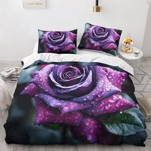 GEEYOU Purple Flower Bettbezug-Set Premium Superweiche Bettdeckenbezug Kollektion - Leichter, Kühlender Bedding Set Weicher, Strukturierter Rose Bettwäsche Double（200x200cm）