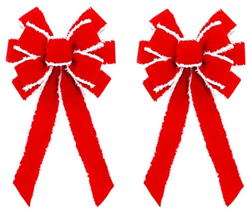 Tmflexe Confezione da 2 fiocchi di Natale rossi per albero di Natale, in velluto con bordo bianco, decorazioni per feste, matrimoni, vacanze, decorazione per la casa