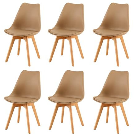 EGGREE 6er-Set Skandinavischer Esszimmerstuhl SGS Tested, Gepolsterter Küchenstuhl, Retro-Bürostuhl mit massiven Buchenholzbeinen, Khaki
