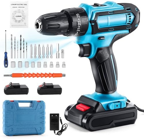 21V Cordless Drill Driver Set, Electric Drill Cordless, Power Hammer Drill with 2 Batteries 2000mAh, 65N.m Max, 25+3 Torque, 2 Speed, LED Light, for Home and Garden DIY Tools Project