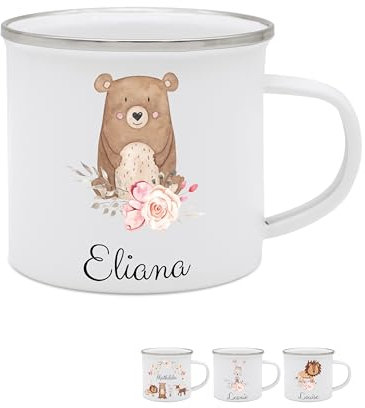 wunderwunsch - Personalisierte Emaille-Tasse für Mädchen - Schulanfang Geschenk, Kindergarten (Bär Blumen)