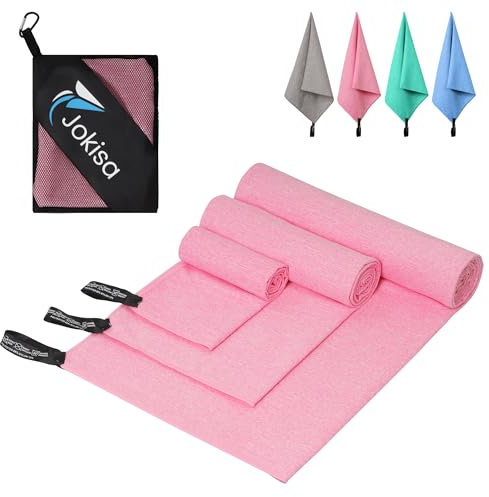 Jokisa Juego de 3 Toallas de Microfibra (200 x 100 cm, Toalla Grande de 140 x 70 cm, Toalla Deportiva Mediana + Toalla pequeña de 80 x 40 cm), Toalla de Viaje Ligera, de Secado rápido (Rosa)