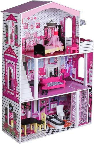 BLUEBRIT Large Wooden Play Doll House With Accessories & Furniture - Elevator, Design Your Own Home, Easy Assembly - Perfect Christmas or Birthday Gift for Girls (Design 1)