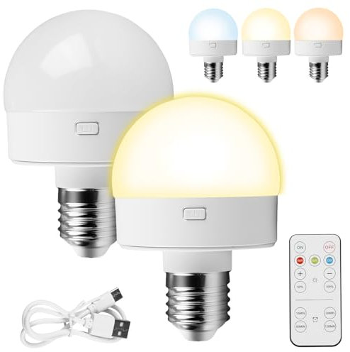 Vegena Lampadina Ricaricabile USB C,2 Pezzi 3 Colore E276/E27 Lampadina Ricaricabile USB-C Con Telecomando,Lampadina Con Batteria,Lampadina A Batteria Per Interni/Esterni,Campeggio