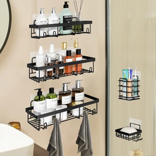 jianyana Shower Caddy Shelf 5 Pack Organizer Rack Self Adhesive Black Bathroom Shelves Basket Large Capacity Rustproof Stainless Steel Shower Shelves No Drilling Apartment Essentials