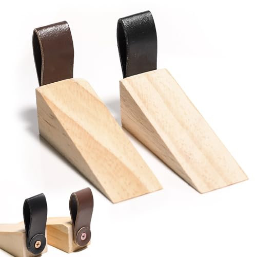 2 Pcs Wooden Door Stop, Heavy Duty Wooden Door Wedge, Door Wedges Indoors, Non-Slip Beech Wood Doorstop, Smooth Grain, with Leather Clip, for Bedroom, Kitchen, Office Doors (2 Colors)