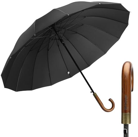 ZOMAKE Großer Regenschirm 55 inch,16 Streben Golfschirm Groß Stabil Mit Holzgriff Metallring,Travel Schirm Groß XXL Mit Auf-Zu-Automatik Für Herren Damen(Schwarz-A)