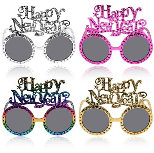 HFMYGS 4 Stück Happy New Year Brillen, Frohes Neues Jahr Brillen, Phantasie Neujahrsparty-Brille, Silvester Brillen, Für Erwachsene Kinder Neujahrsvorräte Deko, Lustige Silvester Brillen Rahmen
