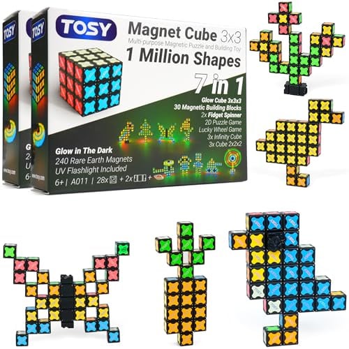 TOSY Magnet Cube 3x3 – 240 Magnete, 30 Bausteine, 7-in-1: Puzzlewürfel, kreative Bausteine, verwandelbarer Fidget-Spinner, Infinity-Würfel, UV-Taschenlampe, leuchtendes STEM-Spielzeug, 2er-Pack
