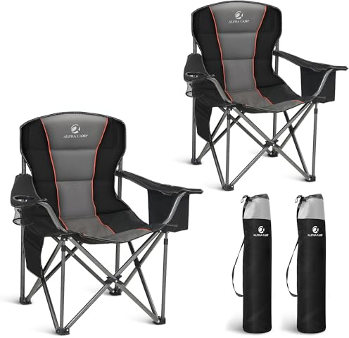 ALPHA CAMP Oversized Camping Folding Chairs Heavy Duty Camping Chair | Support 450 LBS Padded Camp Chair for Adults with Carry Bag and Cooler Bag Portable for Outdoor(Black,2pcs)