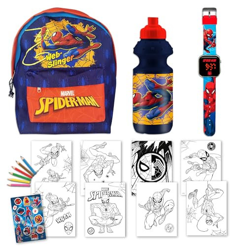 Luxe Elite Ultimatives Spiderman-Geschenkset für Jungen – inklusive LED-Uhr, Tasche, Flasche und Malbuch – perfekte Geschenke für 5–8 Jahre alte Jungen, blau und rot, Spiderman