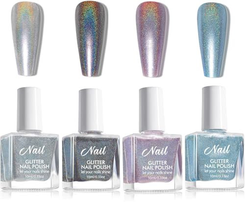Holographic Nail Polish Set,Magic Rainbow Laser Effect Nail Polish,Pretty Shiny Mirror Glitter Sliver Black Purple Blue Nail Varnish,Quick Dry Shimmering Sparkling Metallic Nail Gel for Nail Art