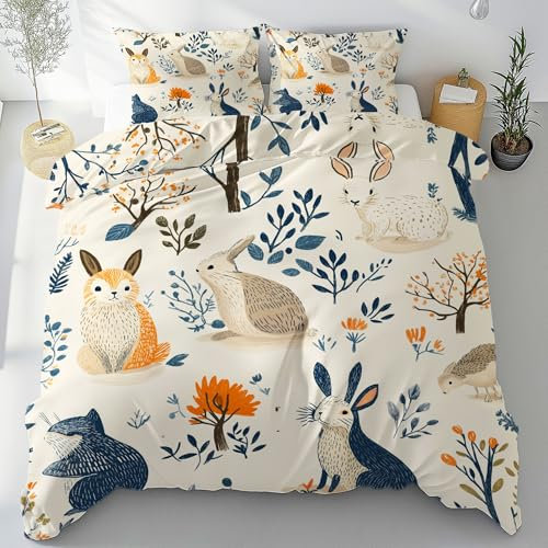 Sobhdga Lapin de Dessin Animé Housse de Couette 140x200, Arbre Animaux de la Forêt Parure de Lit Réversible 1 Personne en Microfibre Douce avec Fermeture Éclair avec 1 Taie d'oreiller