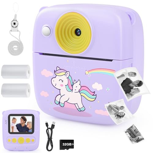 Dhapy Cámara instantánea para niños, 48 MP, cámara instantánea con papel de impresión y tarjeta TF de 32 G, cámara digital de 1080P, regalos para niños y niñas de 3 a 12 años, color rosa