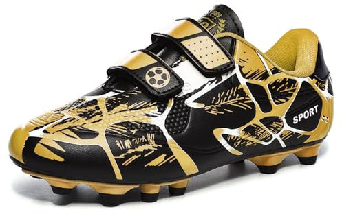 Zapatos de Fútbol Niños Zapatillas de Fútbol Nniñas Césped Artificial Zapatos de Entrenamiento de Fútbol con Múltiples Tacos Zapatillas de Deporte Sin Cordones Negro Oro 33