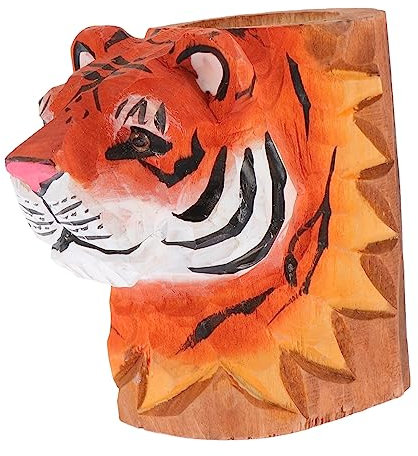SHINEOFI Animal Pen Holder for Desk Boys and Girls Pencil Pot Multi-functional Wooden Decor Tiger Shape