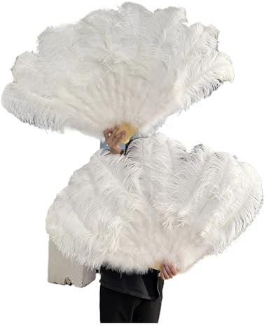 HKYBCF Feather Dance Fan 13 Bone Ostrich Feathers Fan White 100CM 130CM Performance Dance Props Plumages Fans Foldable Crafts Fan With Marabou Feather Fan(White,130CM 1PCS)