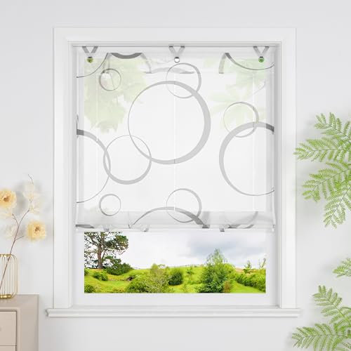 Heichkell Transparent Raffrollo mit Kreis Rollo ohne Bohren Moderne Gardine Raffgardine mit Ösen Grau BxH 120x130 cm