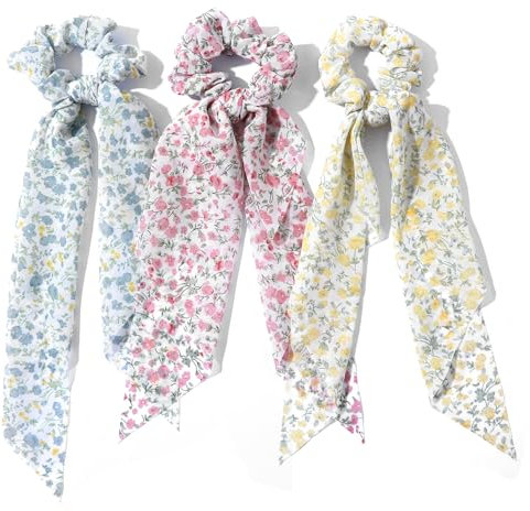 3 Stück Frauen Scrunchies Haargummi mit Schleife Schleifen Haare Elastische Pferdeschwanzhalter Haarschmuck Haar Accessoire Haarband Vintage Floral Haargummis für Frauen Mädchen (Rosa Gelb Grün)
